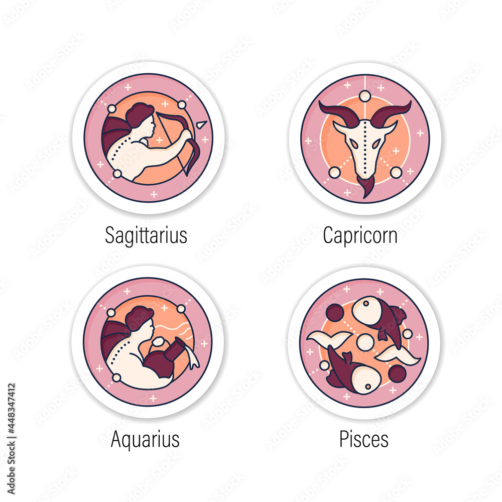 Zodiac stickers icons.Fourth fire signs in zodiac.Aquarius,sagittarius,capricorn,pisces.Horoscope signs badges for designs.Birth symbols vector emblem