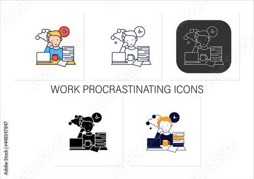 Work procrastinating icons set.Unnecessarily postpone dealing work-related tasks. Tired person.Overload concept.Collection of icons in linear, filled, color styles.Isolated vector illustrations
