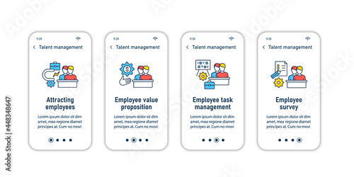Talent management onboarding mobile app screens.Recruitment. Talent development.Business Practice steps menu. Set of UI, UX, web template with RGB color linear icons