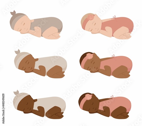 Collection of newborn baby with different skin tone. New baby in romper lying and sleeping. Girl and boy children.