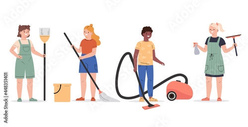 Cute children doing housework set. Boy and girls mopping and vacuuming floor. Children with a broom, mop, vacuum cleaner and wiper. Flat vector cartoon illustration isolated on white background