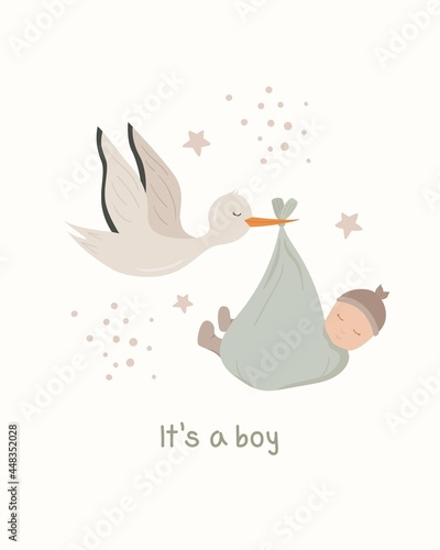 Cartoon stork in sky with new baby in blanket. Design template for greeting card, baby shower invitation, banner. Congratulations to the newborn. Vector illustration in flat style.