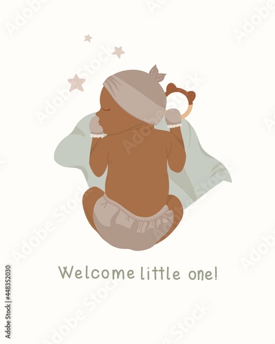 An african baby with rattle sleeping quietly  a newborn baby in diaper with blanket sleeps peacefully in the crib. Ideas for baby shower invitation card  poster