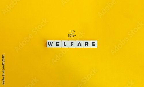 Welfare banner and concept. Block letters on bright orange background. Minimal aesthetics.