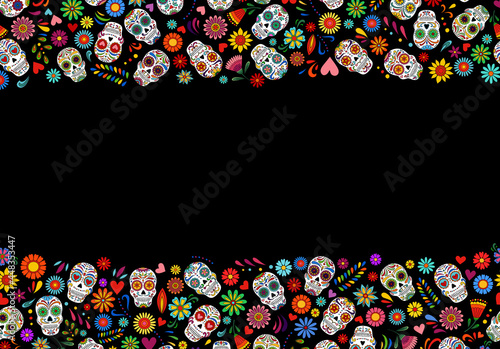 Day of the Dead skulls banner. Dia de los muertos border.Day of the dead and mexican Halloween background. Mexican tradition festival. Day of the dead sugar skull isolated. Dia de los Muertos skull