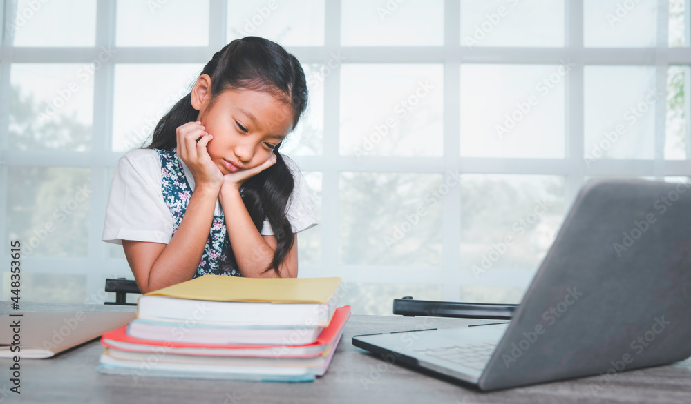 School girl feel boring of studying online at home, Online e-learning education concept School girl feel boring of studying online at home, Online e-learning education concept