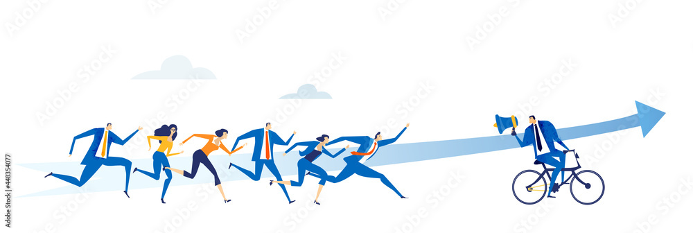 Business people, team, cycling in the city, People following the leader. Control, support, management idea Business people, team, cycling in the city, People following the leader. Control, support, management idea