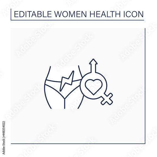 Sexual pain line icon. Painful intercourse. Dyspareunia. Arousal lack. Health care. Woman health concept. Isolated vector illustration.Editable stroke