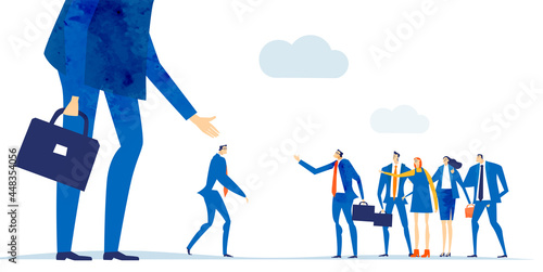 Business people handshaking with big boss. Control, support, working together. Protection idea