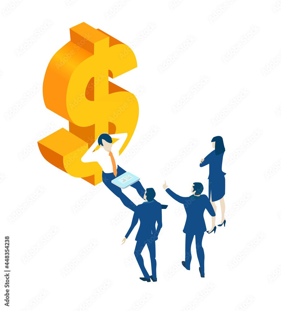 Isometric illustration. Infographic business people working next to golden dollar sign, bankers, investors, portfolio managers. Saving, earning, money managing idea Isometric illustration. Infographic business people working next to golden dollar sign, bankers, investors, portfolio managers. Saving, earning, money managing idea