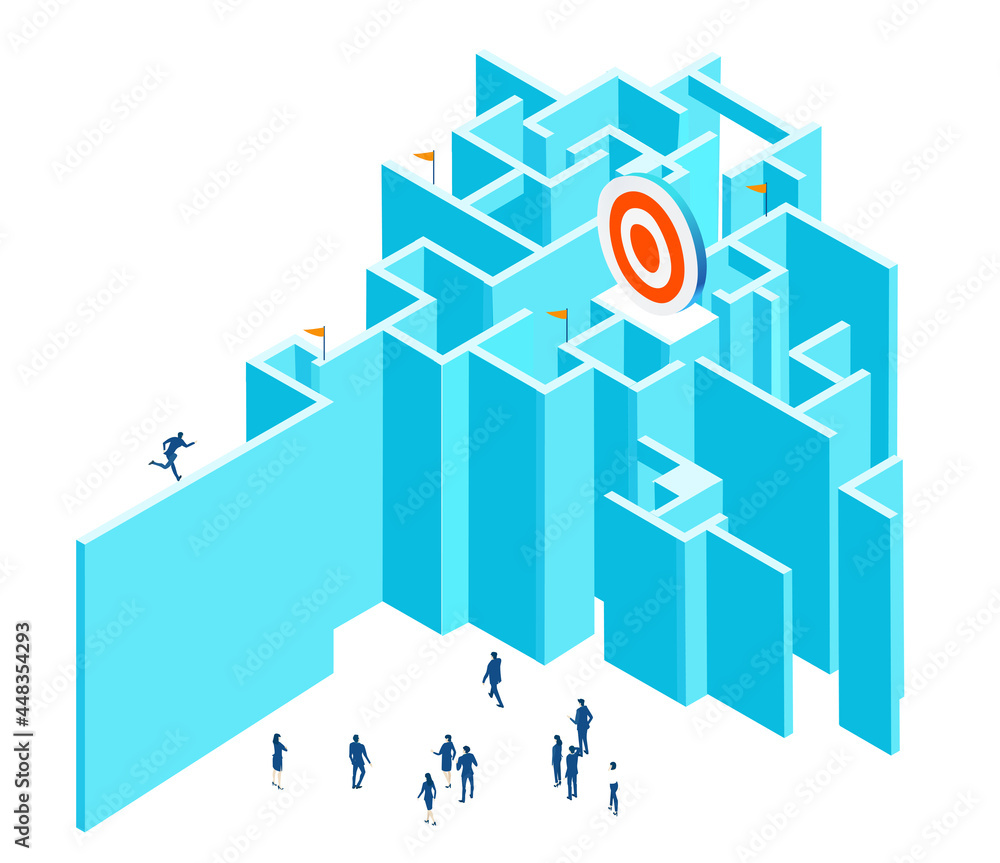 Business people in labyrinth, finding the way, solving the problem concept. isometric infographic illustration Business people in labyrinth, finding the way, solving the problem concept. isometric infographic illustration