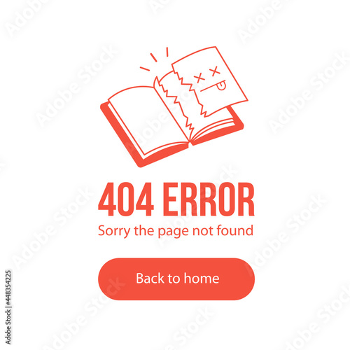 Book with torn page 404 error isolated concept page not found web banner, disconnection, loss of connect. Vector Linear style ragged book icon