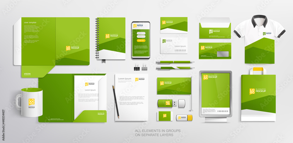 Vetor de Branding identity Stationary items and objects Mockups. Green ...