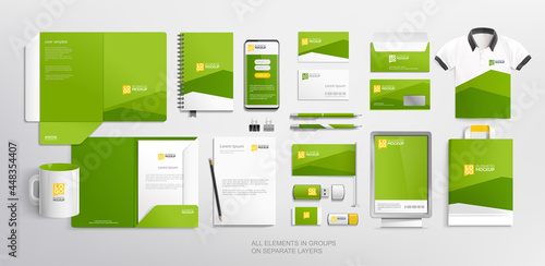 Branding identity Stationary items and objects Mockups. Green and white colour abstract minimalistic Corporate Brand Identity design on stationery elements, folder, mug, t-shirt, bag. Vector template