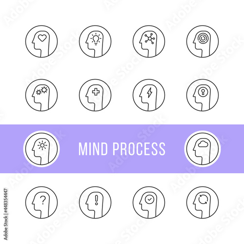 set of thin line mind process icon with heads