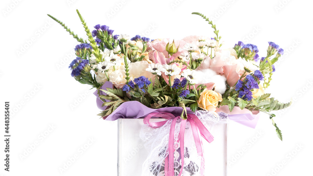 bouquet of flowers in a wooden box. wedding bouquet. flowers congratulations on the holiday. valentine's day. bouquet of flowers in a wooden box. wedding bouquet. flowers congratulations on the holiday. valentine's day.