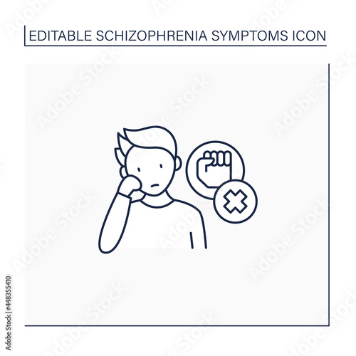 Negative symptoms line icon.Low interest, enthusiasm.Problems with motivation, lack of self-care.Schizophrenia symptoms concept. Isolated vector illustration.Editable stroke