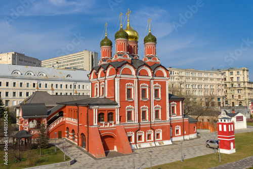 View of the ancient Cathedral of the Icon of the Mother of God of the Sign (Cathedral of the Sign) on a sunny April day. Moscow, Russia
