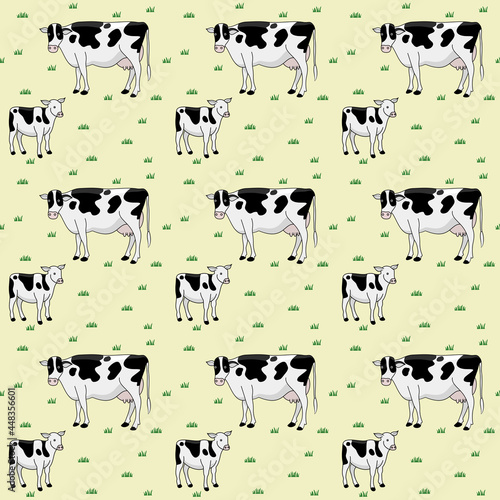 Seamless pattern with cow, cute cartoon style on yellow background. The illustration is suitable for decorating fabric, textile, print,wrapper.bright colors for children