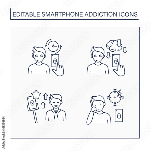 Smartphone addiction line icons set. Virtual world. Encouraging self absorption, diminishing ability to concentrate. Overwhelmed concept. Isolated vector illustrations. Editable stroke