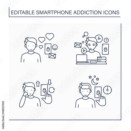 Smartphone addiction line icons set.Virtual relationship, information overload, boredom. Overwhelmed concept. Isolated vector illustrations. Editable stroke