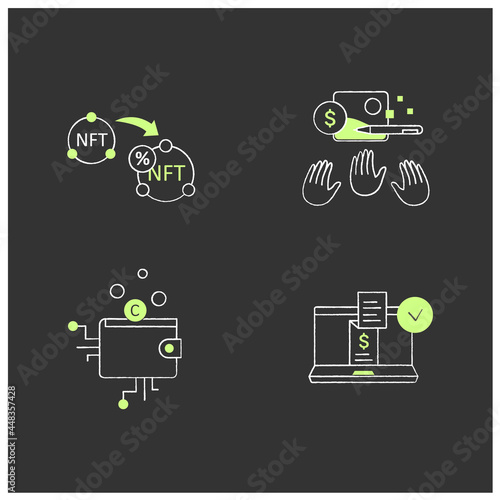 NFT chalk icons set. Non fungible tokens resale, cryptocurrency wallet, digital receipt, popular work.Unique digital assets. Digitalization concept. Isolated vector illustrations on chalkboard