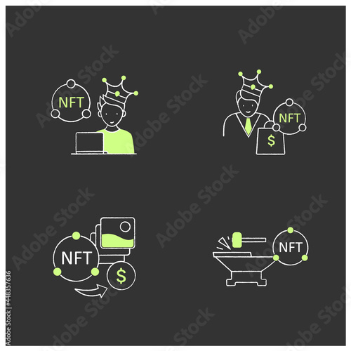 NFT chalk icons set.Minting. Non fungible tokens artist, buyer.Unique digital assets. Digitalization concept. Isolated vector illustrations on chalkboard