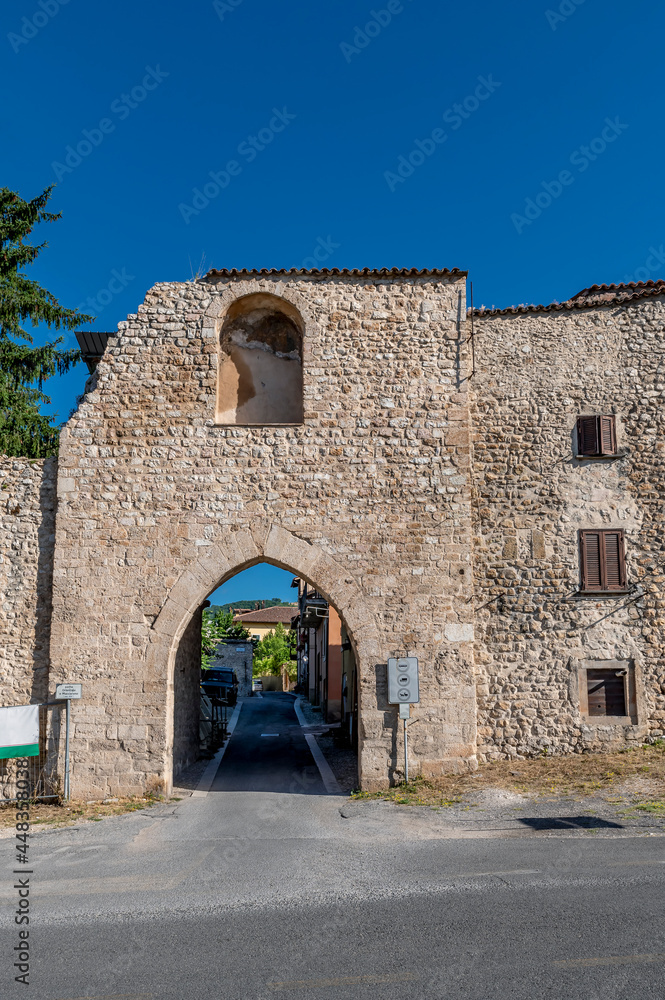 The ancient Porta Maccarone or Eastern Gate in the historic center of Norcia, Italy