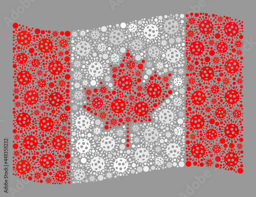 Mosaic waving Canada flag designed of bacterium items. Vector covid-2019 collage waving Canada flag designed for medicare illustrations. Designed for political or patriotic doctrines.