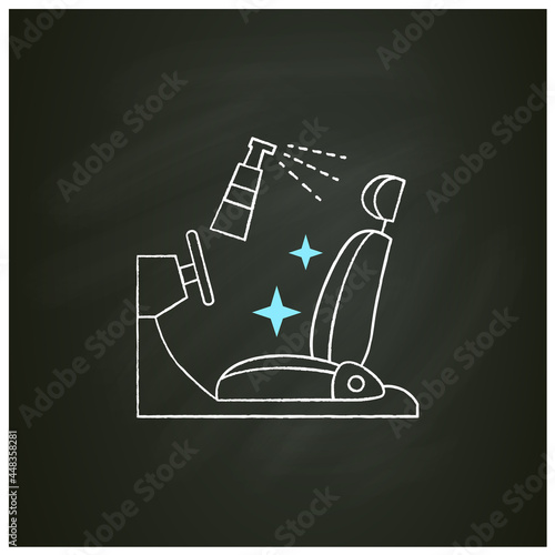 Disinfection of car seat chalk icon. Sanitizing to personal transport. Safety space and preventative measures. Isolated vector illustration on chalkboard