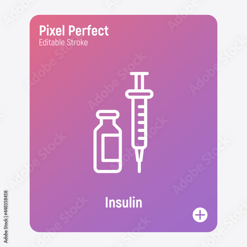Insulin: ampoule and syringe. Thin line icon. Medical treatment for diabetes. Pixel perfect, editable stroke. Vector illustration.