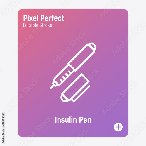 Insulin pen thin line icon. Portable diabetes treatment. Medical equipment. Pixel perfect, editable stroke. Vector illustration.