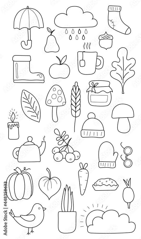 Collection of autumn items isolated on white background. Autumn clothes, leaves, bird, clouds, pie, pumpkin, umbrella, cup, teapot, rowan. Coloring. All objects are separated.