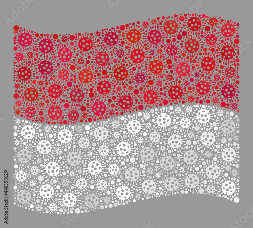 Mosaic waving Monaco flag constructed of covid elements. Vector covid mosaic waving Monaco flag done for medicare posters. Designed for political or patriotic posters.