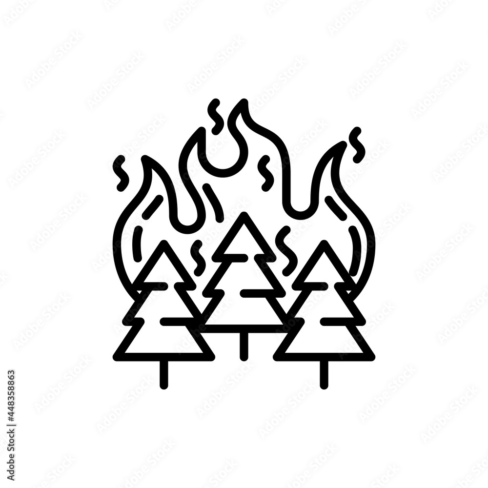 Wildfire in forest thin line icon. Natural disaster. Global warming. Vector illustration. Wildfire in forest thin line icon. Natural disaster. Global warming. Vector illustration.