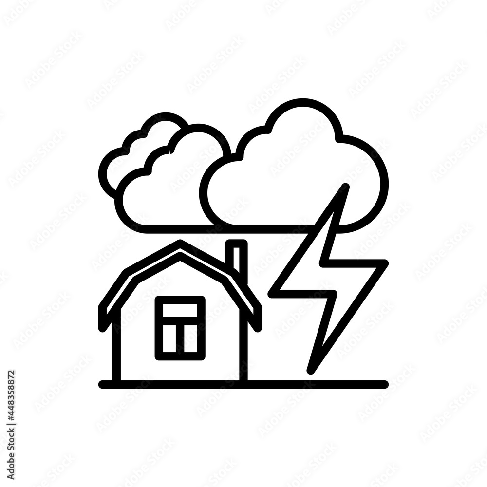 Thunderstorm, stormy weather thin line icon: house under clouds and lightning. Natural disaster. Vector illustration. Thunderstorm, stormy weather thin line icon: house under clouds and lightning. Natural disaster. Vector illustration.