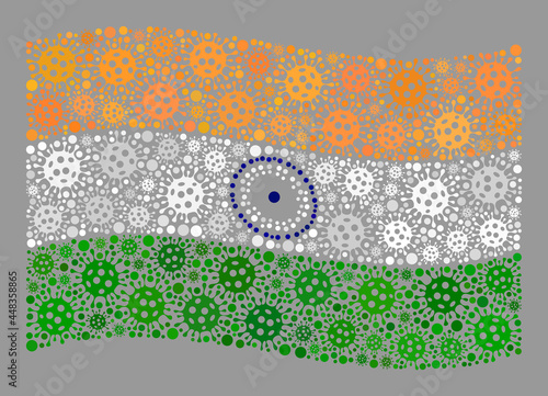 Mosaic waving India flag designed of Covid-2019 elements. Vector covid-2019 mosaic waving India flag constructed for medicare purposes. Designed for political or patriotic proclamations.