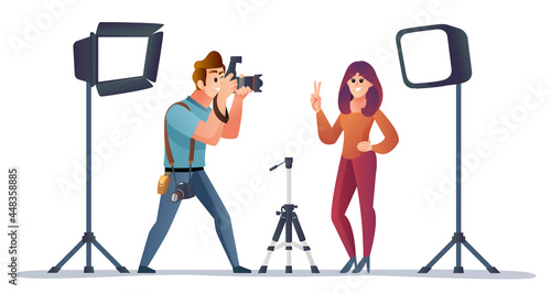 Professional photographer and model with photography equipment cartoon illustration