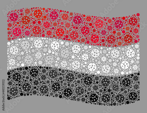 Mosaic waving Yemen flag designed of viral items. Vector covid-2019 mosaic waving Yemen flag designed for medicare applications. Designed for political or patriotic projects.