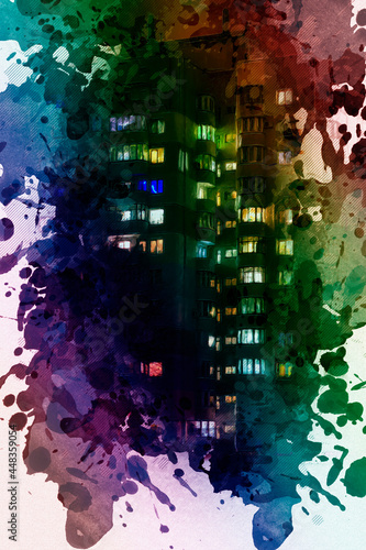 Digital watercolor painting City condo at night. Beautiful Front View of a high-rise building with apartment windows with lights on. Contemporary Art. Abstract wallpaper.