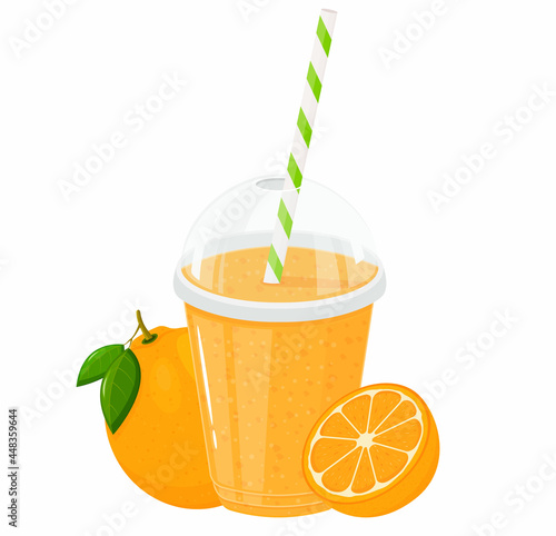 Plastic transparent cups for smoothie with striped pipe. Orange juice smoothie in plastic glass isolated on white background. Flat cartoon style