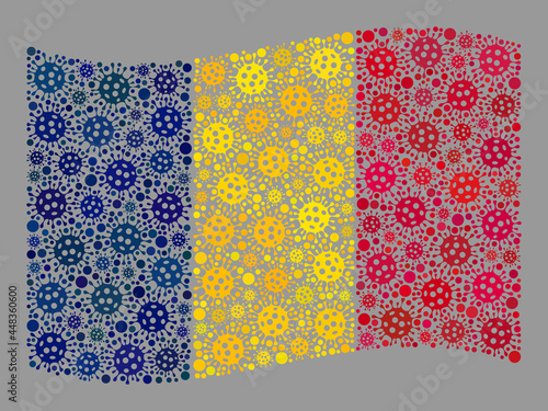 Mosaic waving Chad flag designed of contagious elements. Vector covid-2019 collage waving Chad flag organized for medicare propaganda. Designed for political or patriotic propaganda.