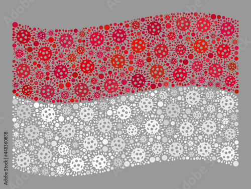 Mosaic waving Indonesia flag constructed of bacterium elements. Vector covid mosaic waving Indonesia flag designed for medicare applications. Designed for political or patriotic applications.