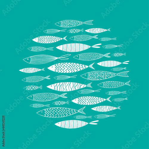 Round pattern with fishes on turquoise background