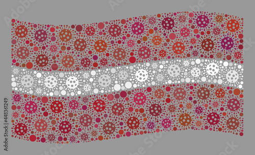 Mosaic waving Latvia flag designed of Covid-2019 items. Vector covid-2019 collage waving Latvia flag organized for medicare posters. Designed for political or patriotic applications.