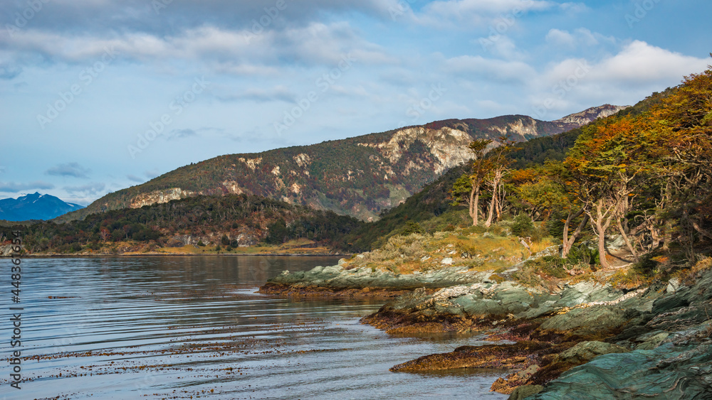 Panoramic view over beautiful sunset at Ensenada Zaratiegui Bay in Tierra del Fuego National Park, near Ushuaia and Beagle Channel, Patagonia, Argentina, early Autumn.