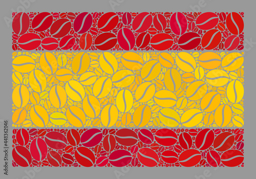 Mosaic Spain flag is created with coffee bean elements. Vector coffee collage Spain flag constructed for restaurant awards. Spain flag collage is organized of scattered coffee beans.