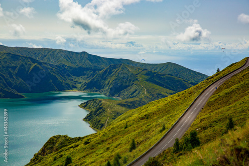 Road to the viewpoint of Lagoa do Fogo  the lake of fire in the Azores. Caldera lake in the mountains.