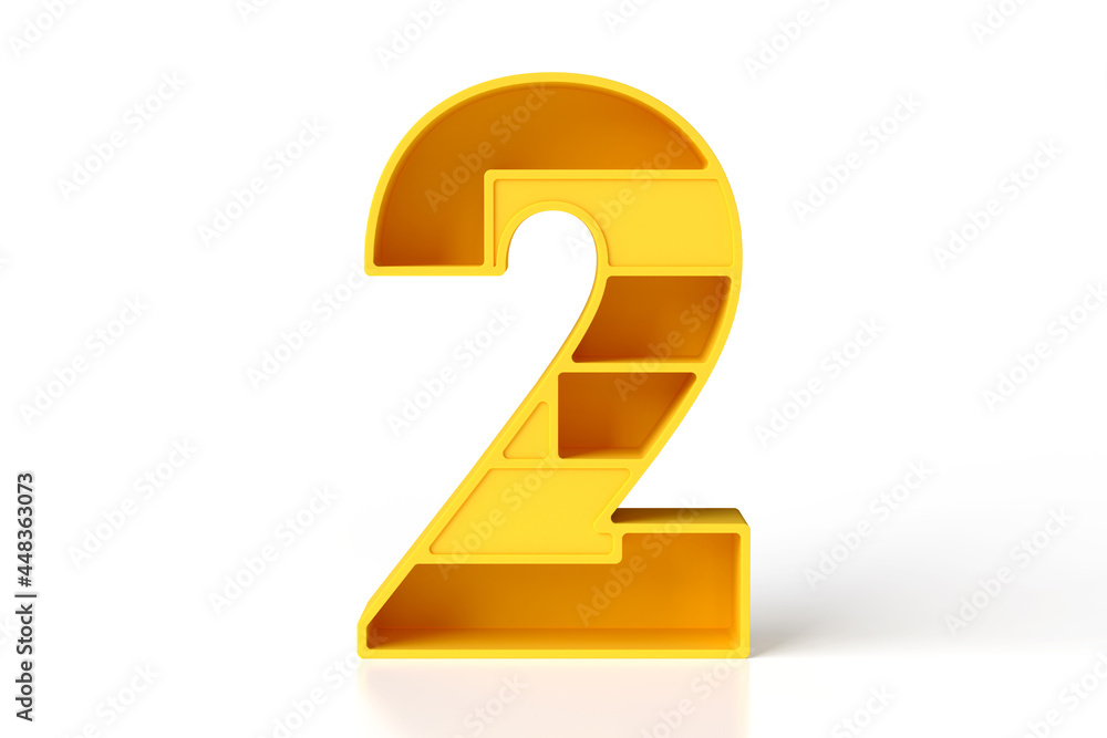3D font made of plastic shapes. Yellow showy number 2. High resolution 3D rendering. 3D font made of plastic shapes. Yellow showy number 2. High resolution 3D rendering.