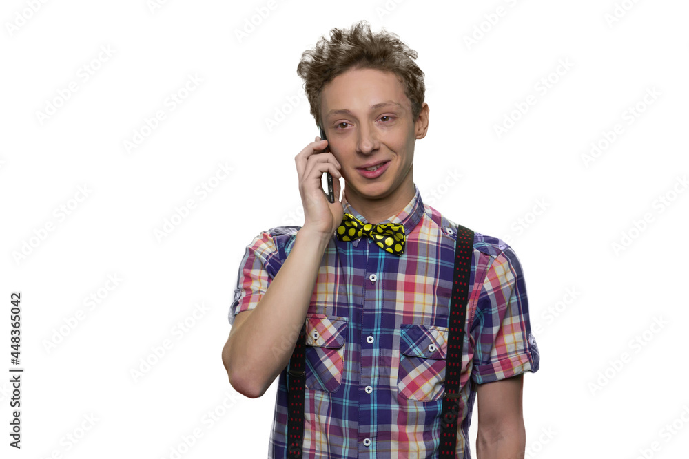 Portrait of caucasian teenage boy talking on phone. Portrait of caucasian teenage boy talking on phone.